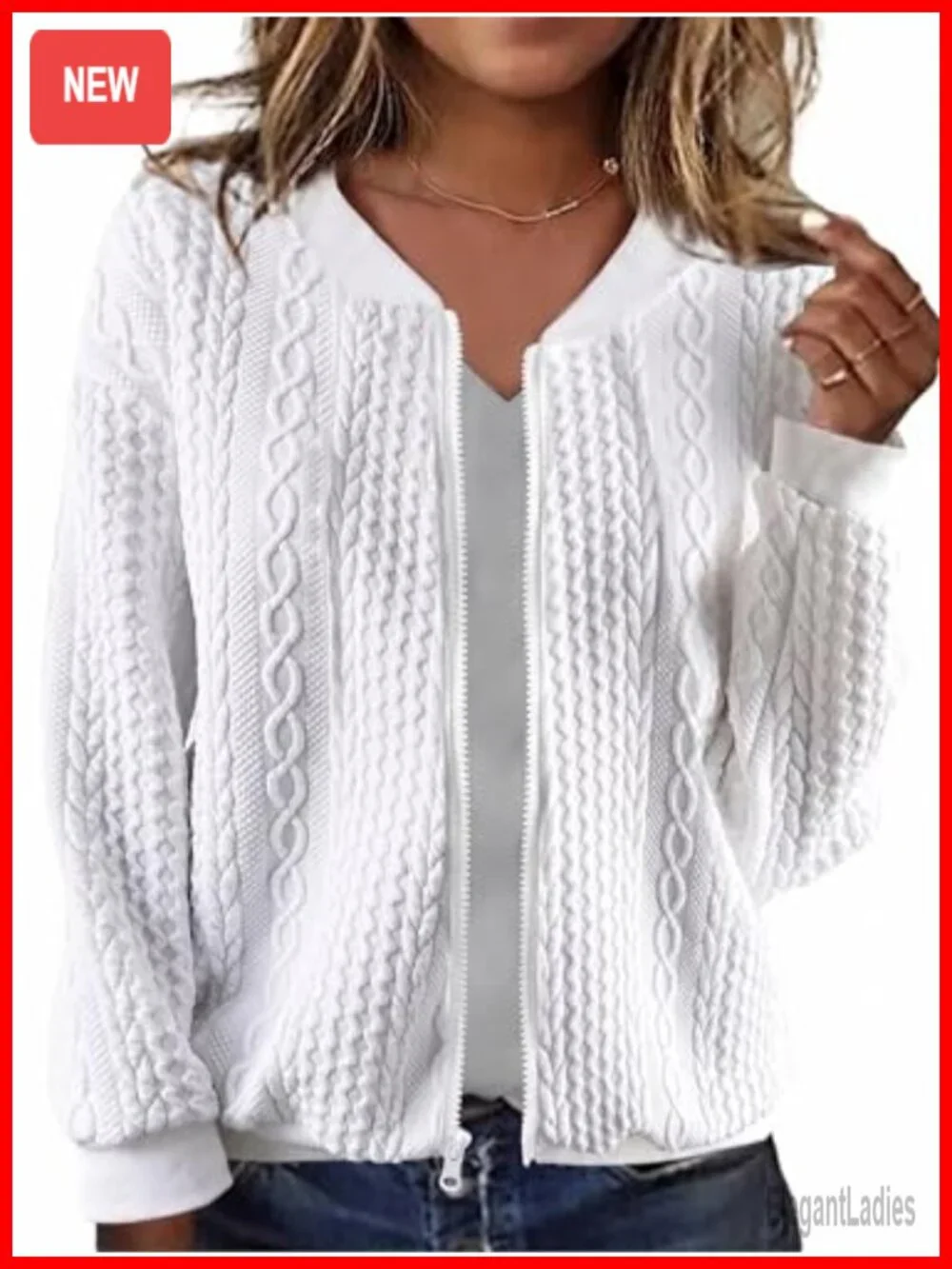 Zip Up Cardigan Sweater Cable Knit Long Sleeve Crewneck Coat Women